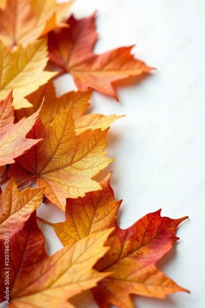 Close-up of crispy brown and orange fallen leaves on plain white surface, autumn, transfer Close-up of crispy brown and orange fallen leaves on plain white surface, autumn, transfer