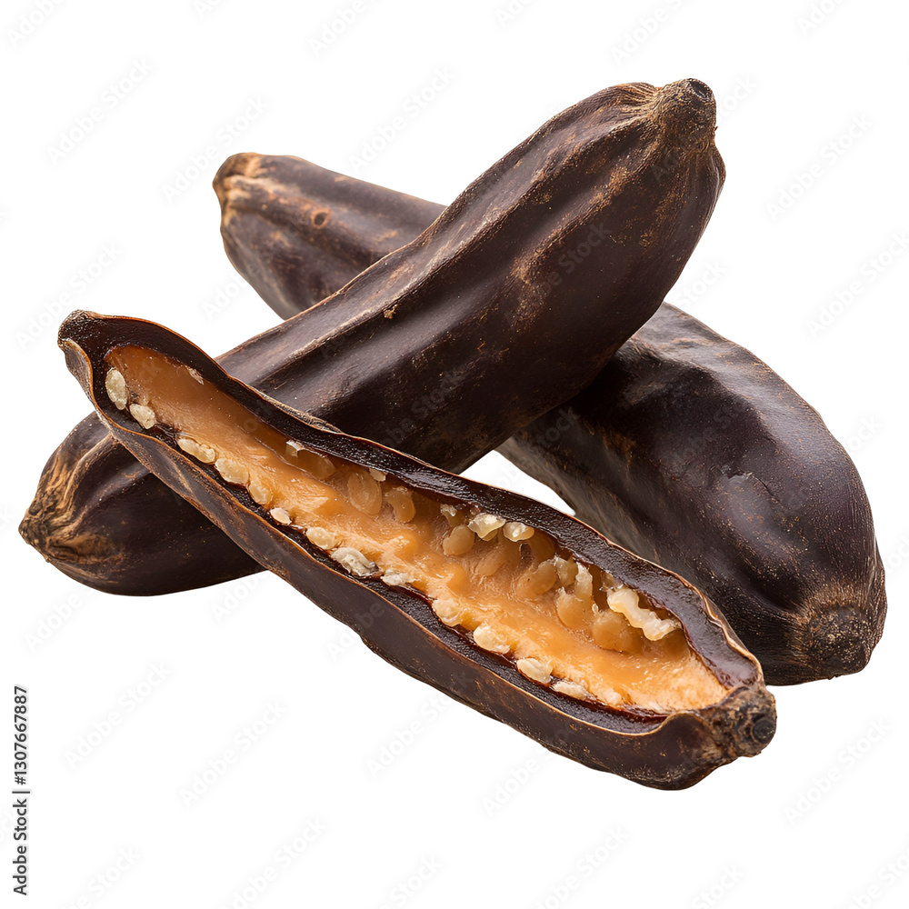 Obraz premium Carob pods open revealing sweet pulp and seeds healthy snack