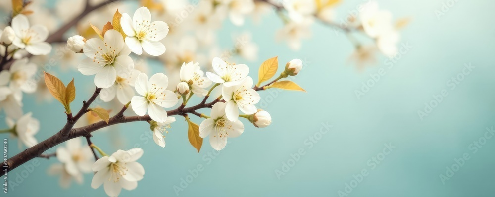 Tree with white flowers against a soft pastel background, gold leaves, tree, spring Tree with white flowers against a soft pastel background, gold leaves, tree, spring