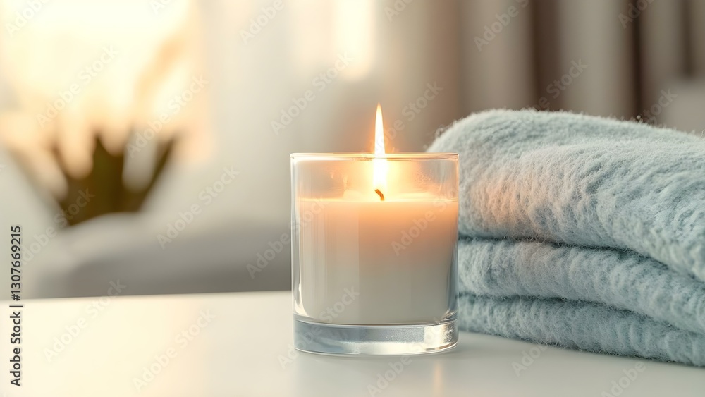 A lit candle in a glass holder next to a folded light blue towel, with a soft, blurred background. Concept Candlelight Aesthetics, Relaxing Ambiance, Home Decor, Soft Textures, Minimalist Photography A lit candle in a glass holder next to a folded light blue towel, with a soft, blurred background. Concept Candlelight Aesthetics, Relaxing Ambiance, Home Decor, Soft Textures, Minimalist Photography