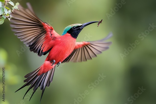A carmine bee-eater taking off from a tree branch