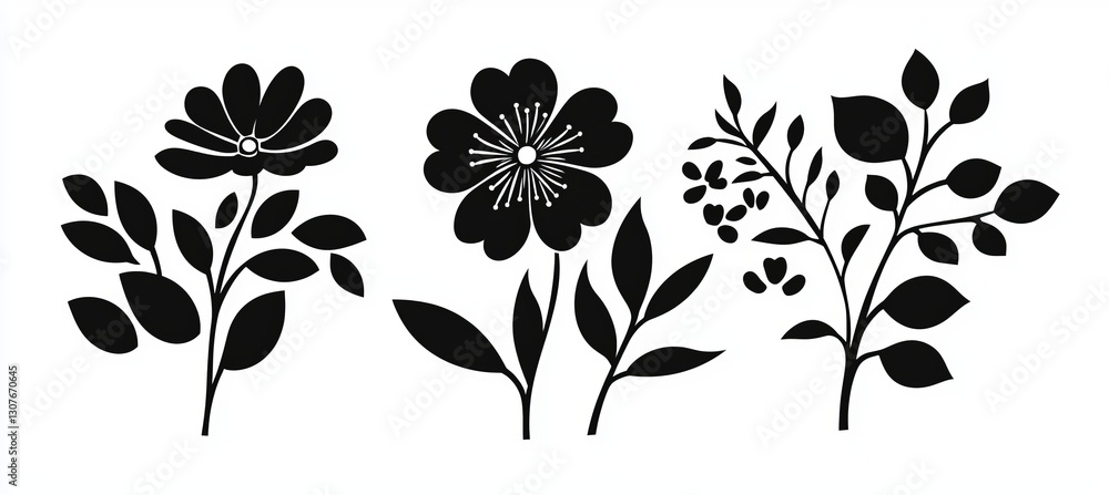 Obraz premium A vertical poster with groovy floral botanicals in a naive retro hippie design, evoking the 60s and 70s, placed on a black background featuring abstract wavy flower shapes