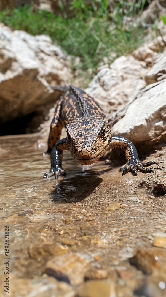 A Protohadros cautiously stepping into a shallow stream A Protohadros cautiously stepping into a shallow stream