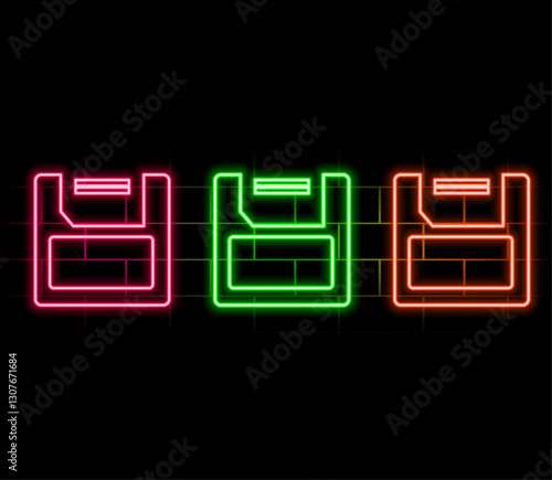 Floppy Disk Neon Label. Vector Illustration of Electronics Promotion..2 photo