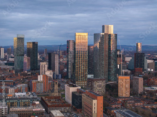 Modern Skyline of Manchester at Sunset with Deansgate Square