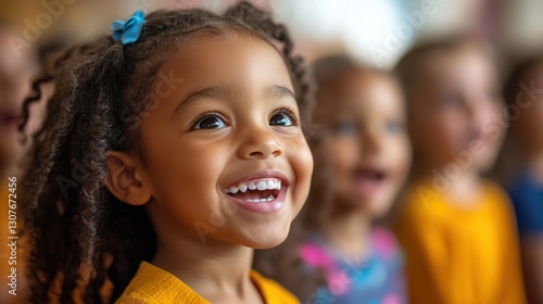 Joyful Child Portrait with Playful Hair Bow Expressing Happiness Among Diverse Young Children