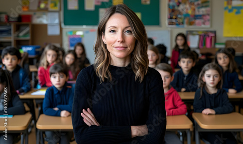 Teacher Standing Confidently in Classroom Surrounded by Students