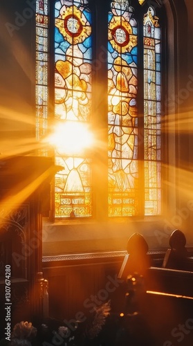 Stained Glass Window Radiance in Church Interior Illuminating Pews and Floral Accents Soft Warm Light