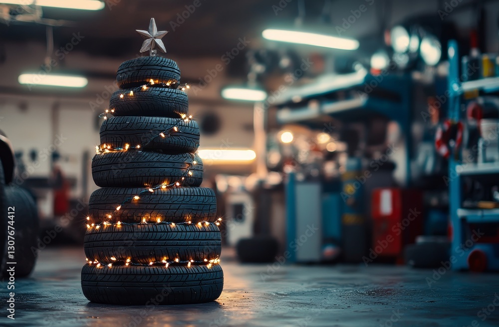 Fototapeta premium A Christmas tree constructed from tires, adorned with a lighted garland, set against the backdrop of a car repair shop or tire station, with copy space.