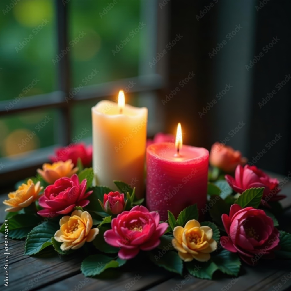 Burning candles nestled amongst lush ranunculus , vibrant, festive, texture Burning candles nestled amongst lush ranunculus , vibrant, festive, texture