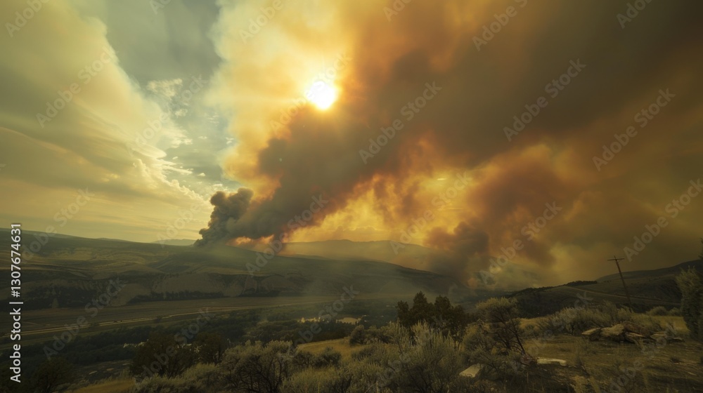 Smoke from a wildfire rises high into the sky, creating a dramatic landscape view visible from miles away in the afternoon Smoke from a wildfire rises high into the sky, creating a dramatic landscape view visible from miles away in the afternoon