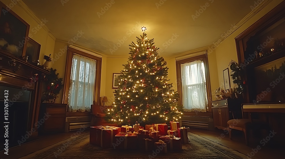Festive Christmas tree in Victorian home Festive Christmas tree in Victorian home
