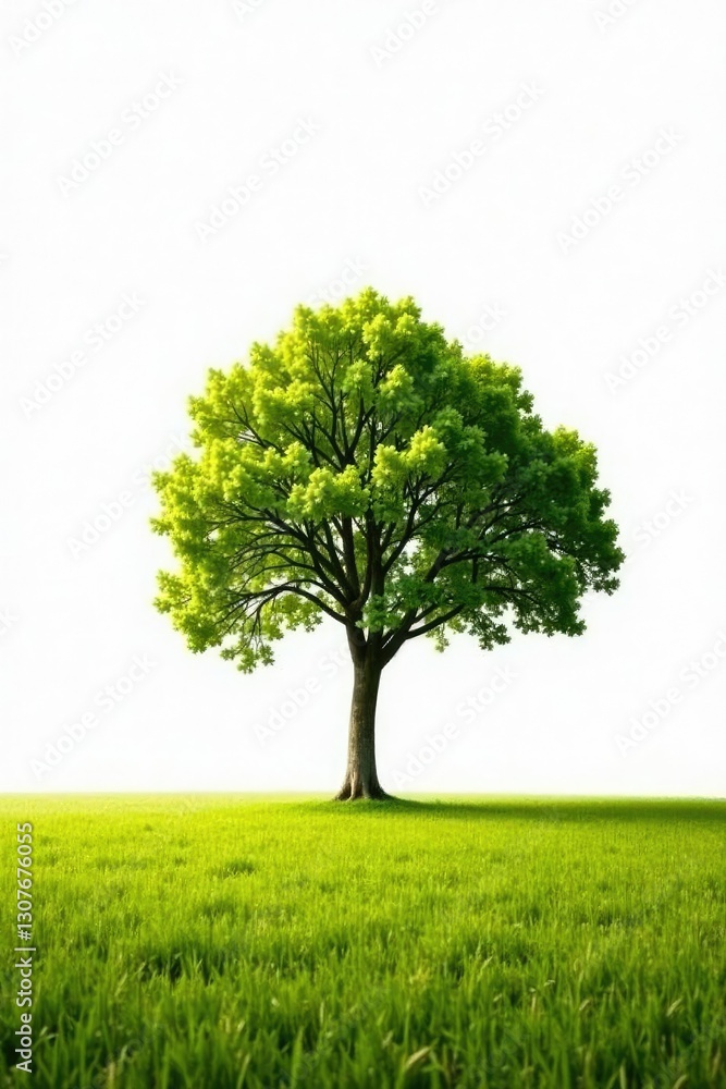 A solitary tree in a vast open field against a white backdrop, minimalist, tree A solitary tree in a vast open field against a white backdrop, minimalist, tree