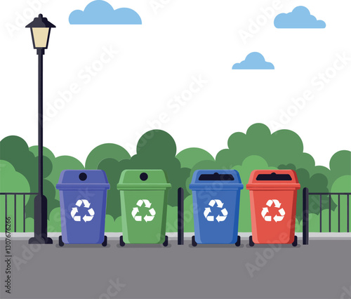 Colorful recycling bins lined up along a park pathway in flat vector illustration