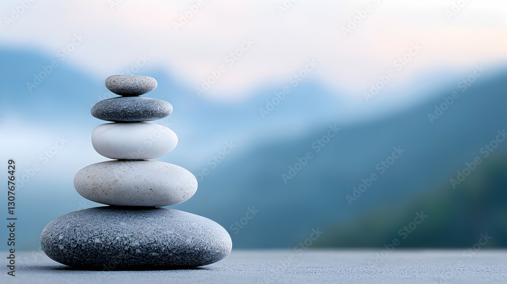 Stacked Balancing Stones in a Serene Zen Garden with Mountain Background Stacked Balancing Stones in a Serene Zen Garden with Mountain Background
