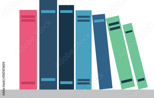 Colorful stacked books on a shelf in a minimal design style showcasing vector art