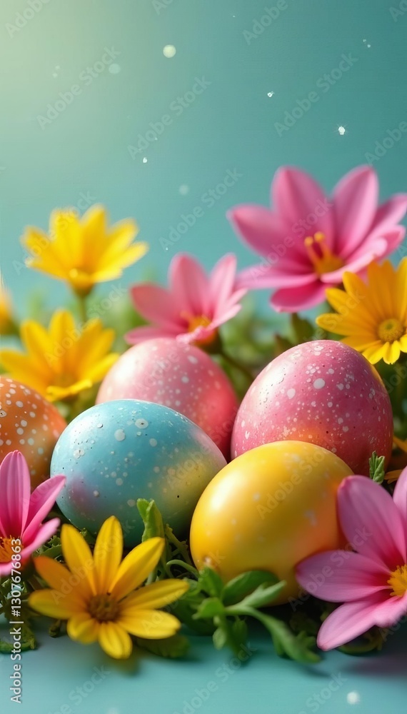 Close-up of colorful easter eggs surrounded by vibrant spring flowers, easter, vibrant Close-up of colorful easter eggs surrounded by vibrant spring flowers, easter, vibrant