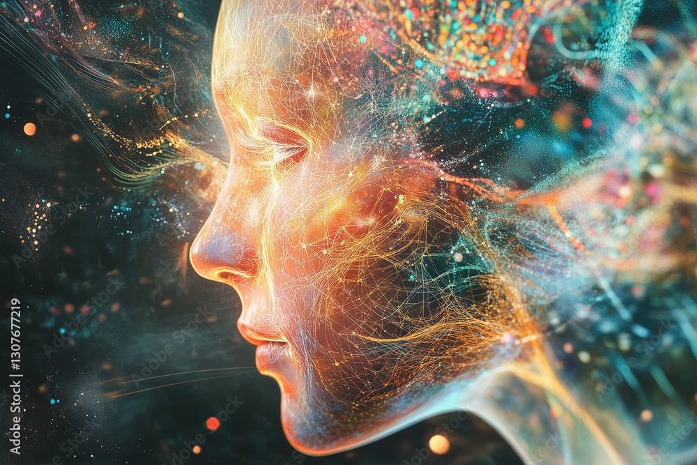 woman's face is shown in a colorful, abstract style. The image is a representation of the human brain, with the woman's face being the central focus woman's face is shown in a colorful, abstract style. The image is a representation of the human brain, with the woman's face being the central focus