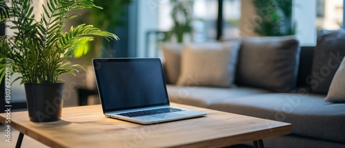 Modern living room laptop on wooden table