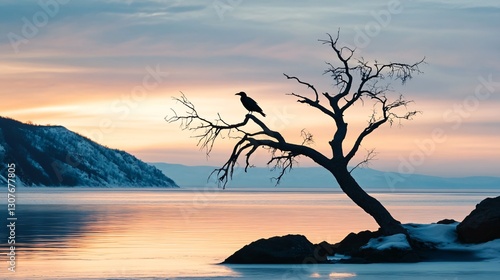 Majestic sunrise with lonely tree and raven