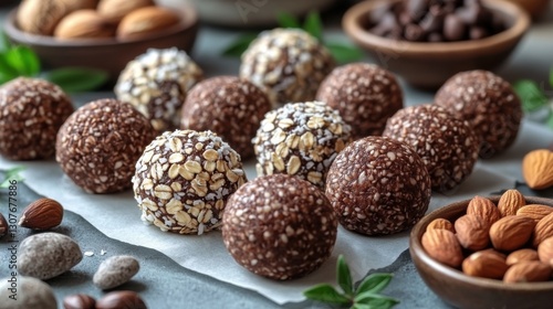Homemade energy balls with oats, nuts, and coconut flakes on parchment paper
