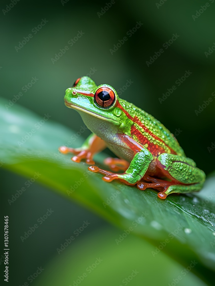 A clownish tree frog with bold stripes crossing a vine A clownish tree frog with bold stripes crossing a vine