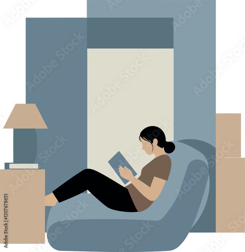Cozy indoor scene featuring a woman reading on a bean bag chair in a flat vector illustration