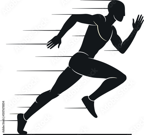 Dynamic silhouette of a male athlete sprinting in a flat black and white vector illustration
