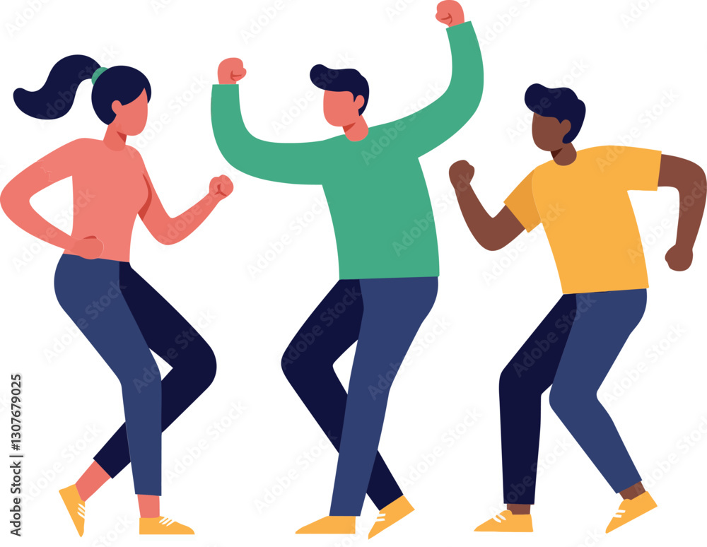 Three cheerful people dancing energetically in a colorful, flat design style vector art Three cheerful people dancing energetically in a colorful, flat design style vector art