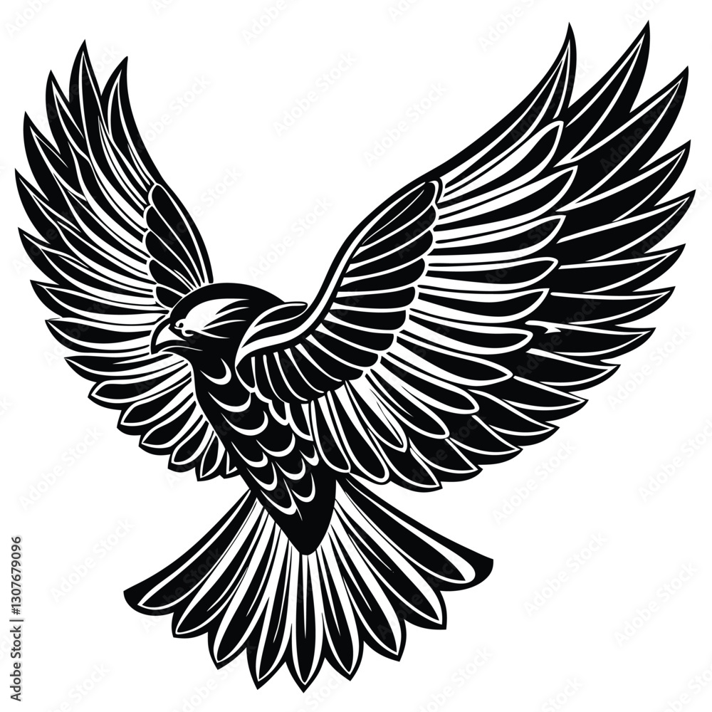 Obraz premium Bold Black and White Eagle Line Art - Vector Illustration, Flying Hawk Tattoo Design - Monochrome Digital Artwork,bird's wing