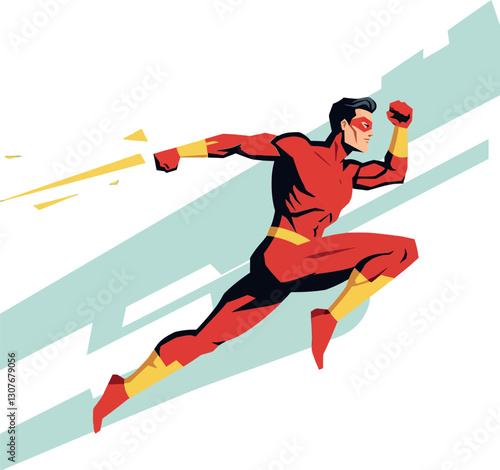 Dynamic superhero in red and yellow costume running swiftly in a flat vector illustration