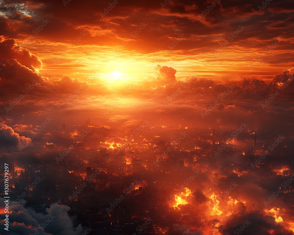 Fiery sunset over burning city, apocalyptic scene. Fiery sunset over burning city, apocalyptic scene.