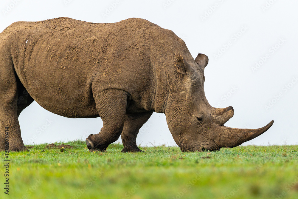 Obraz premium Southern White Rhino walking and grazing on grass, Ol Pejeta Conservancy, Kenya. 