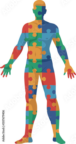 Colorful puzzle piece human silhouette in flat design representing diversity and unity vector art