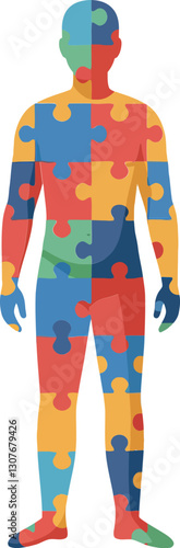 Human silhouette filled with colorful puzzle pieces in a flat design vector art