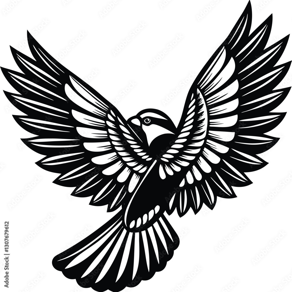 Obraz premium Bold Black and White Eagle Line Art - Vector Illustration, Flying Hawk Tattoo Design - Monochrome Digital Artwork,bird's wing