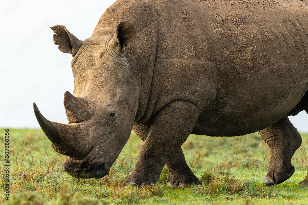 Obraz premium Southern White Rhino walking and grazing on grass, Ol Pejeta Conservancy, Kenya.