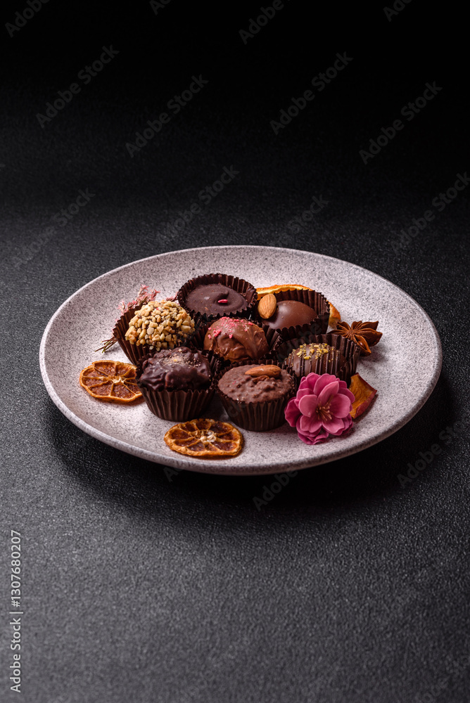Homemade chocolate candies with different fillings and sprinkles Homemade chocolate candies with different fillings and sprinkles