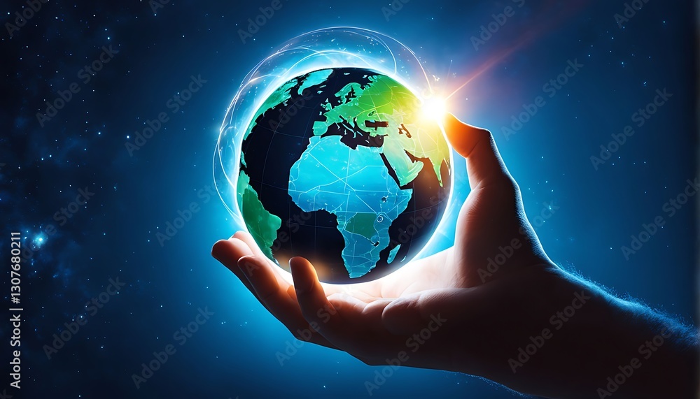 A human hand holding a glowing earth globe in the vastness of space A human hand holding a glowing earth globe in the vastness of space