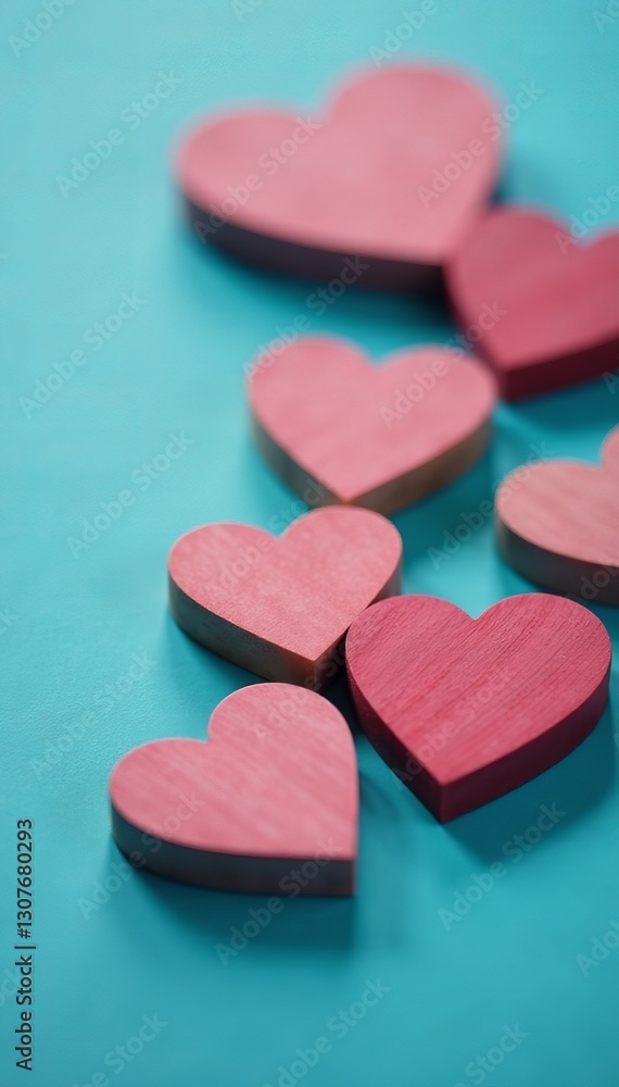 Obraz premium Close-up of little wooden hearts against blue backdrop, creativity, retro, vintage