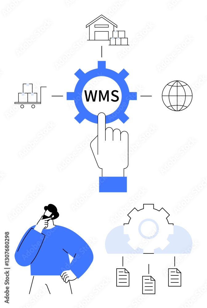 Fototapeta premium Hand pointing at WMS in gear, connected to warehouse, trolley, globe, and documents man thinking below. Ideal for logistics, supply chain, decision-making, technology efficiency inventory flat