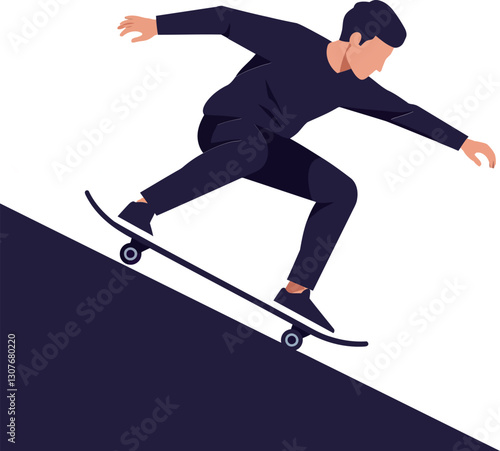 Skateboarder performing a trick on a steep ramp in minimal flat design vector art