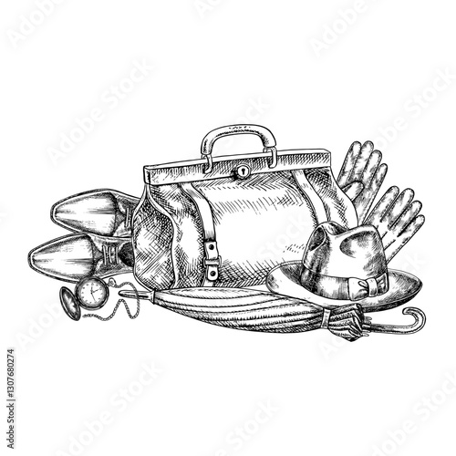 Men s hat, travel bag, umbrella, walking stick, shoes and gloves. Hand-drawn vector illustration. Black and white image on the theme of men and travel. For postcards, banners and flyers to Men s Day.