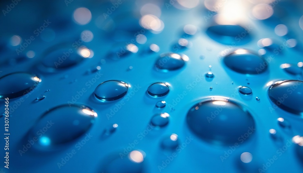 Close-up of mesmerizing blue oil droplets on water, oil, water Close-up of mesmerizing blue oil droplets on water, oil, water