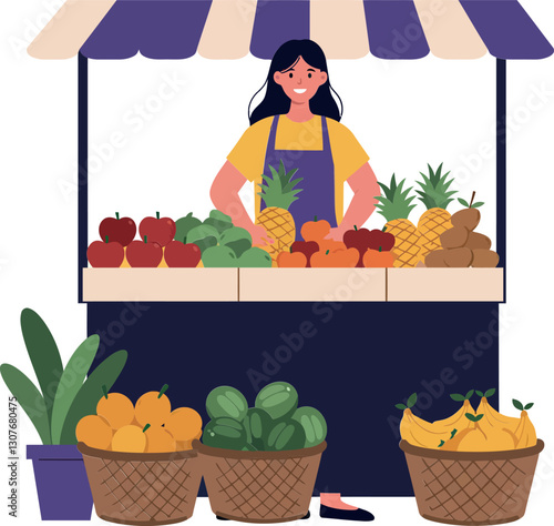 Woman selling fresh fruits and vegetables at a vibrant market stall in flat vector art