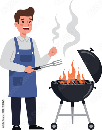 A cheerful man grilling barbecue outdoors in a flat design vector illustration