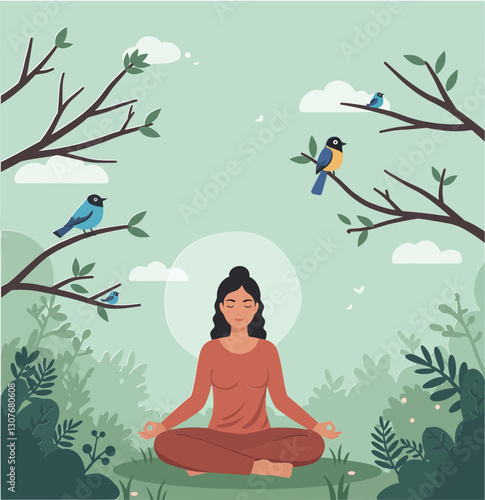 Woman meditating peacefully amidst lush greenery with colorful birds in a flat vector illustration