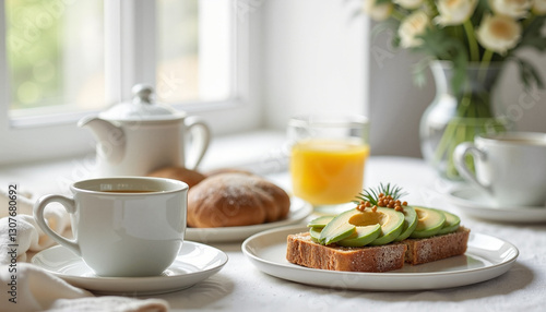 Wallpaper Mural Healthy breakfast with avocado toast, tea, and orange juice Torontodigital.ca