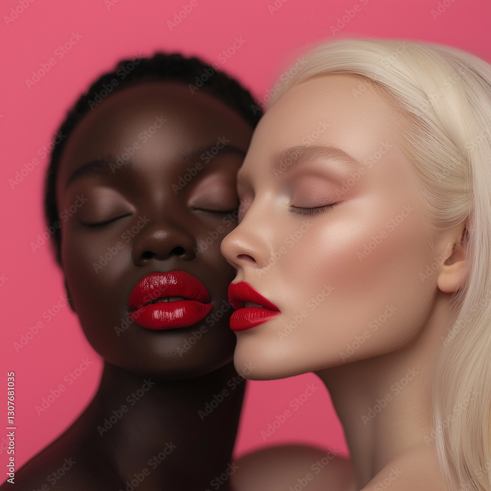 portrait of two young models with red lipstick portrait of two young models with red lipstick