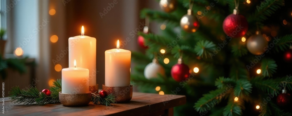 Candles in mercury glass holders near a tall Christmas tree with ornaments, evergreen, christmas, sparkle Candles in mercury glass holders near a tall Christmas tree with ornaments, evergreen, christmas, sparkle